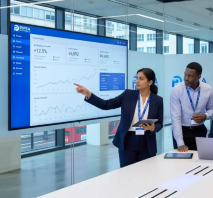 Abstract interface showing analytics dashboards and interconnected systems