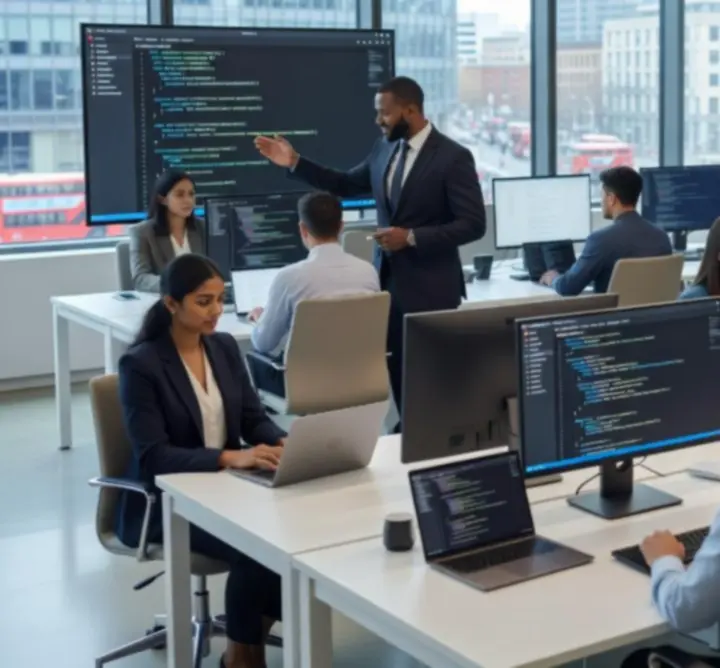 Software team collaborating around a screen