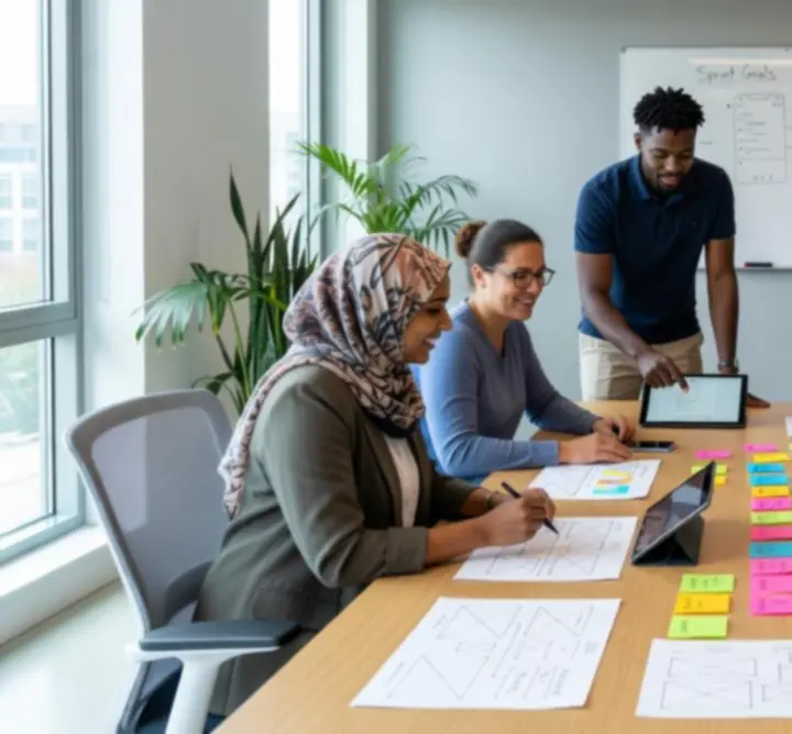 UX design session with designers planning user journeys and interfaces
